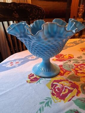 Fenton Blue Hobnail Ruffled Compote